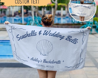 Personalized Seashells And Wedding Bells Bachelorette Beach Towel,Custom Beach Bachelorette Party Gift,Coastal Bridesmaid Gift,Bridal Shower