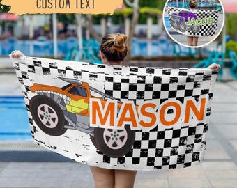 10e verjaardagscadeau voor jongen Strandmonstertruck verjaardagscadeau voor hem mijlpaal gepersonaliseerde strandlaken Racing Pool Party Favor Fast 1 Gift
