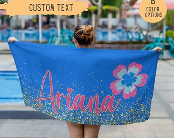 Personalized Glitter Flower Beach Towel,Sparkle Custom Beach Towel,Name Pool Towel,Sparkly Beach Blanket,Vacation,Birthday Gift,Kids Towel