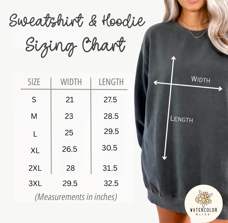 May include: A sizing chart for sweatshirts and hoodies, with measurements in inches. The chart includes sizes S to 3XL, with corresponding width and length measurements. A dark gray sweatshirt is shown with arrows indicating width and length.