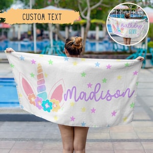 Personalized Rainbow Unicorn Beach Towel,Custom Name Towel, Birthday Girl Towel,Birthday Gift,Birthday Pool Party Favors,Kids Present