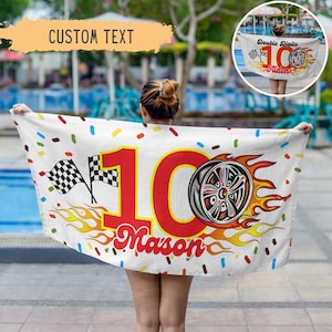 Race Car Birthday Gift For Boy Personalized Beach Towel Fast 1 Birthday Milestone Gift Custom Beach Towel Racing Birthday Favor Pool Party