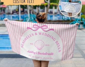 Personalized Seashells And Wedding Bells Bachelorette Beach Towel,Custom Beach Bachelorette Party Gift,Coastal Bridesmaid Gift,Bridal Shower