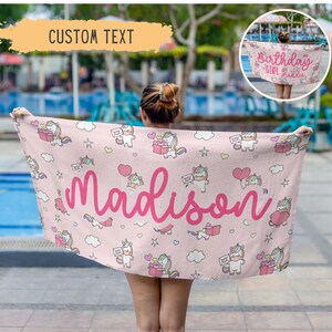Personalized Rainbow Unicorn Beach Towel,Custom Name Towel, Birthday Girl Towel,Birthday Gift,Birthday Pool Party Favors,Kids Present