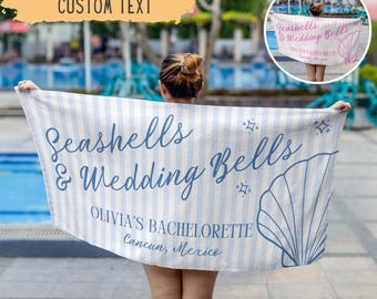 Personalized Seashells And Wedding Bells Bachelorette Beach Towel,Custom Beach Bachelorette Party Gift,Coastal Bridesmaid Gift,Bridal Shower