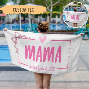 Personalisierte Coquette Pink Bow Mama Strandtuch, individuelles Geschenk für Mama, Muttertagsgeschenk für sie, Bonus Mama, Geburtstagsgeschenk, Mini, Oma, passend