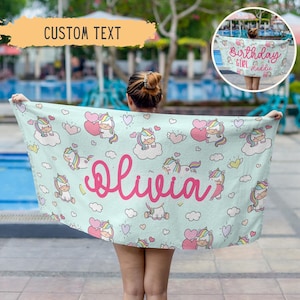 Personalized Rainbow Unicorn Beach Towel,Custom Name Towel, Birthday Girl Towel,Birthday Gift,Birthday Pool Party Favors,Kids Present
