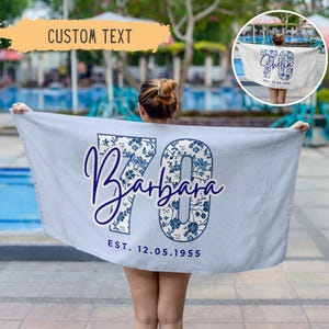 Personalized Chinoiserie 70th Birthday Beach Towel,Custom 70th Birthday Gift,70th Birthday Gift For Her,Custom Beach Towel,Birthday Present