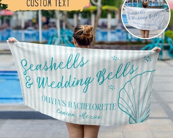 Personalized Seashells And Wedding Bells Bachelorette Beach Towel,Custom Beach Bachelorette Party Gift,Coastal Bridesmaid Gift,Bridal Shower