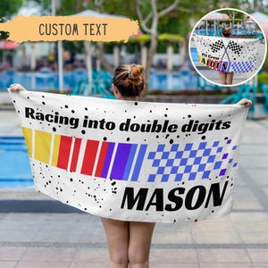 Race Car Birthday Gift For Boy Personalized Beach Towel Fast 1 Birthday Milestone Gift Custom Beach Towel Racing Birthday Favor Pool Party