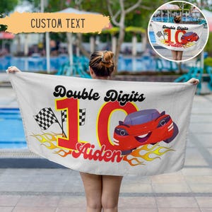 Race Car Birthday Gift For Boy Personalized Beach Towel Fast 1 Birthday Milestone Gift Custom Beach Towel Racing Birthday Favor Pool Party