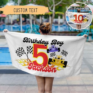 Race Car Birthday Gift For Boy Personalized Beach Towel Fast 1 Birthday Milestone Gift Custom Beach Towel Racing Birthday Favor Pool Party