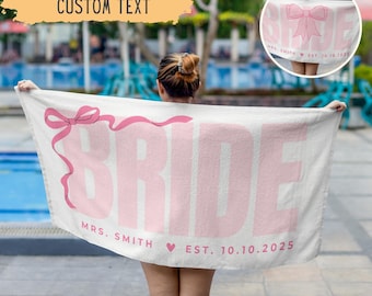 Personalized Pink Coquette Bow Bride Beach Towel,Custom Mrs Name Beach Towel,Future Mrs Pool Towel,Honeymoon,Bachelorette,Bridal Shower Gift