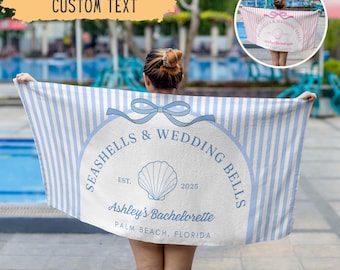 Personalized Seashells And Wedding Bells Bachelorette Beach Towel,Custom Beach Bachelorette Party Gift,Coastal Bridesmaid Gift,Bridal Shower