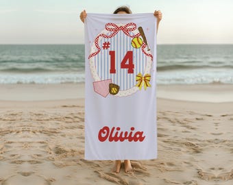 Toalla de playa de softbol personalizada, lazo coqueto Grandmillennial, premios de softbol, nombre de jugador personalizado, regalos de softbol para niñas, torneo