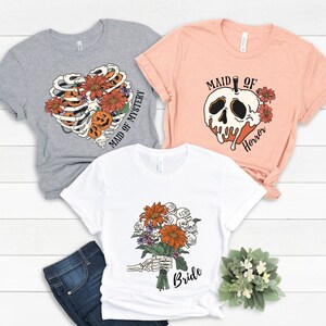 Halloween Bachelorette Party Shirts,Spooky bach tee,ft,maid of horror wedding tshirt,matching bridemaids t-shirt,skeleton sunflower top