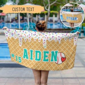 Personalized Ice Cream Drip Baseball Beach Towel For Boys,Youth Baseball Team Gift,Sports Birthday Present,Custom Pool Towel,Teen Drip Towel