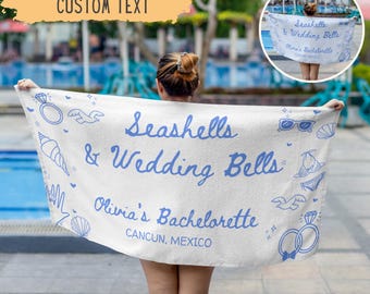 Personalized Seashells And Wedding Bells Bachelorette Beach Towel,Custom Beach Bachelorette Party Gift,Coastal Bridesmaid Gift,Bridal Shower