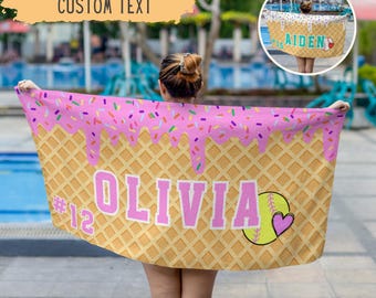 Personalized Ice Cream Drip Softball Beach Towel For Girls,Youth Softball Team Gift,Sports Birthday Present,Custom Pool Towel,Teen Drip Gift