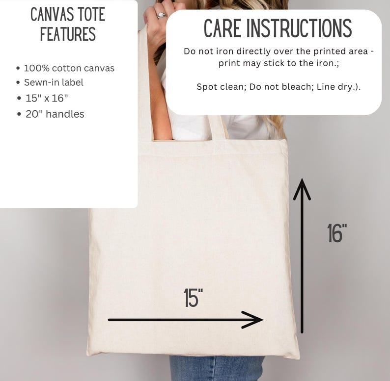 May include: A cream-colored canvas tote bag with the text "Canvas Tote Features" and "Care Instructions". The bag is 15" x 16" with 20" handles. The features include 100% cotton canvas and a sewn-in label.