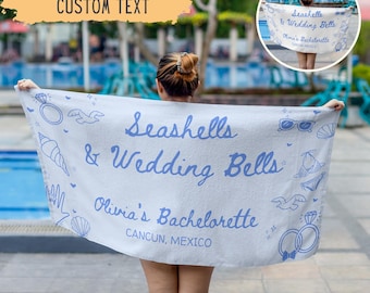 Personalized Seashells And Wedding Bells Bachelorette Beach Towel,Custom Beach Bachelorette Party Gift,Coastal Bridesmaid Gift,Bridal Shower