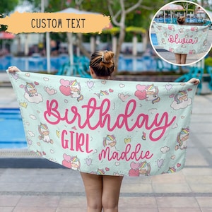 Personalized Rainbow Unicorn Birthday Beach Towel,Custom Birthday Girl Towel,Birthday Gift For Girls,Birthday Pool Party Favors,Kids Gift