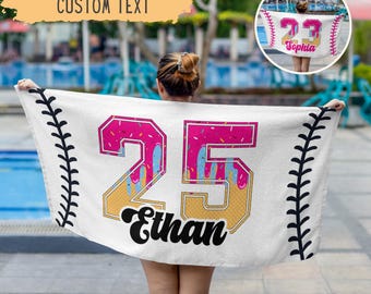 Personalisierte Eis Tropf Baseball Strandtuch für Jungen, Jugend Baseball Team Geschenk, Sport Geburtstagsgeschenk, individuelles Pool Handtuch, Teen Tropftuch