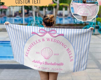 Personalized Seashells And Wedding Bells Bachelorette Beach Towel,Custom Beach Bachelorette Party Gift,Coastal Bridesmaid Gift,Bridal Shower