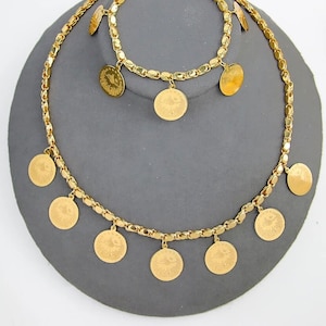 24k Gold Plated Lira COIN necklace 80CM, Bridal Flower Necklace, Indian Gold Jewelry, made in Dubai Turkish jewelry Clover COIN