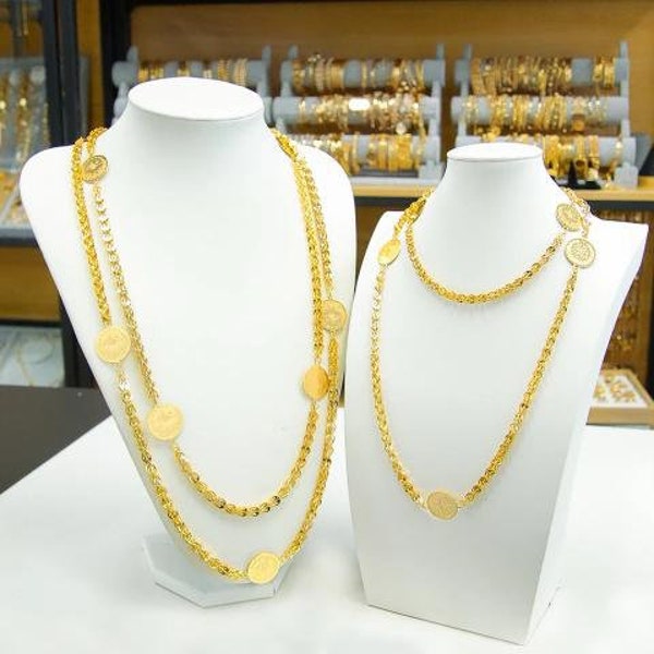 Collier Lira COIN en plaqué or 24 carats, 80 cm, collier de fleurs de mariée, bijoux indiens en or, fabriqué à Dubaï, bijoux turcs, trèfle COIN, tour de cou