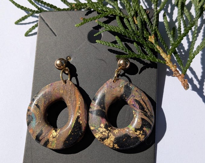 Handmade Multicolor and Gold Foil Polymer Clay Earrings Teardrop Statement Dangles Lightweight & Hypoallergenic