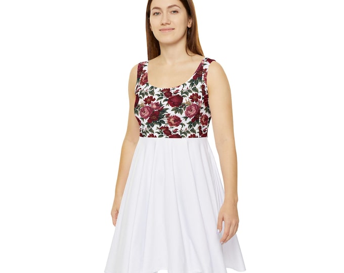 Floral Skater Dress, White Skirt Summer Dress, Womens Casual Sleeveless Dress, Red Rose Print Dress, Fit and Flare Dress