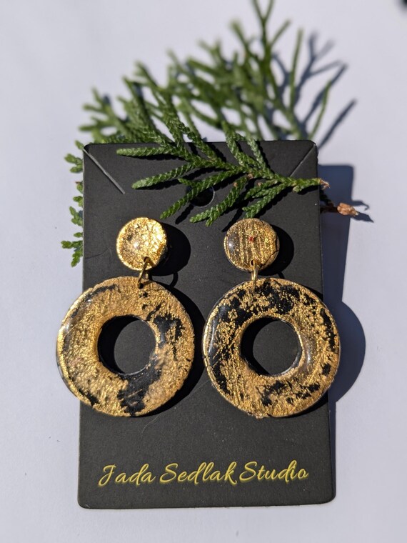 Handmade Black & Gold Foil Polymer Clay Earrings – Lightweight Statement Circle Drops – Hypoallergenic Posts