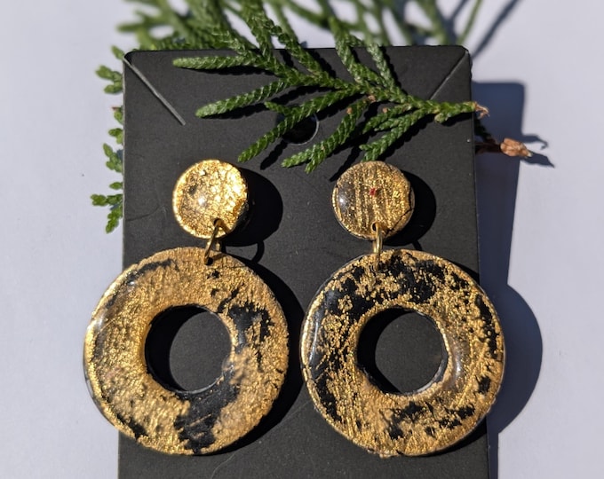 Handmade Black & Gold Foil Polymer Clay Earrings – Lightweight Statement Circle Drops – Hypoallergenic Posts