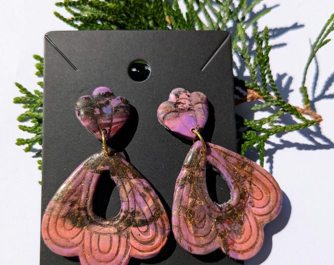 Handmade Pink & Purple Marbled Dangle Earrings – Polymer Clay with Gold Leaf, Gold Plated Hypoallergenic Posts
