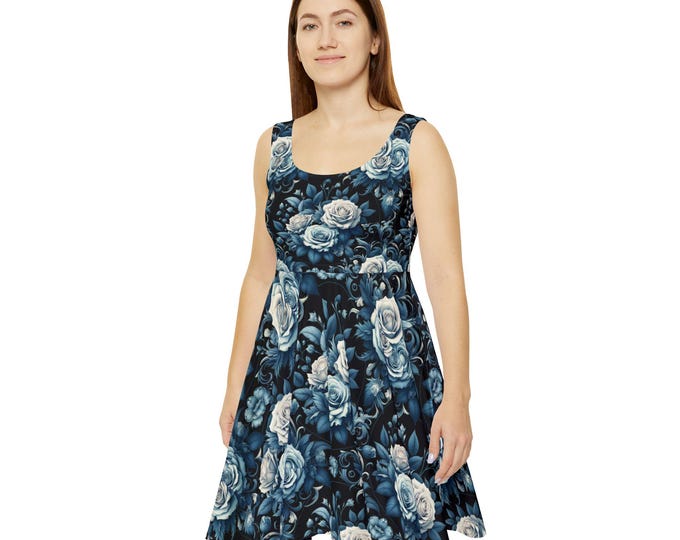 Gothic Floral Skater Dress, Dark Romantic Fit and Flare Dress, Blue Rose Sleeveless Dress, Alternative Style Dress, Gift for Her