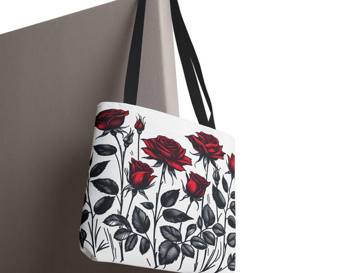 Red Rose Canvas Tote Bag, Gothic Floral Art Bag, Dark Romantic Tote, Black Red Flower Bag, Reusable Shopping Bag, Gift for Her