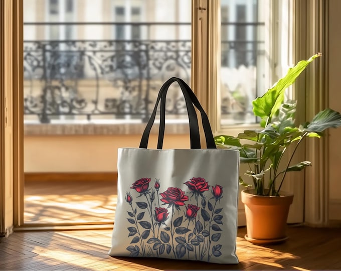 Elegant Floral Tote Bag, Red Rose Design, Everyday Carry, Gift for Her, Eco-Friendly Shopping Bag, Stylish Accessory