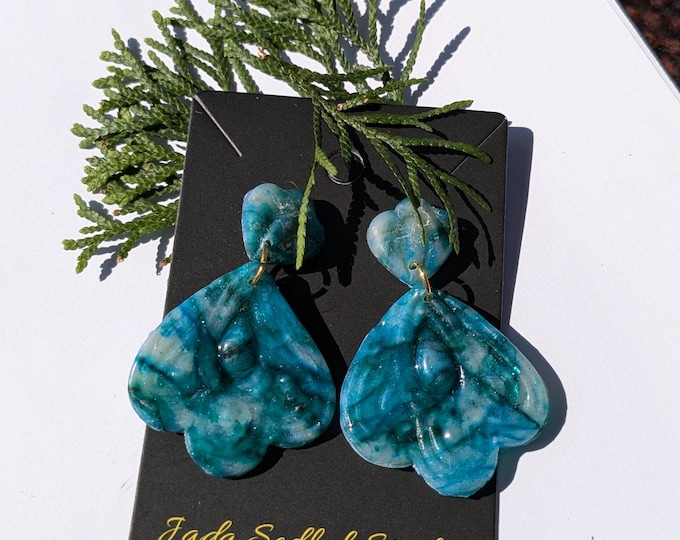 Handmade Turquoise Marbled Polymer Clay Earrings – Statement Petal-Shaped Dangles – Lightweight & Hypoallergenic