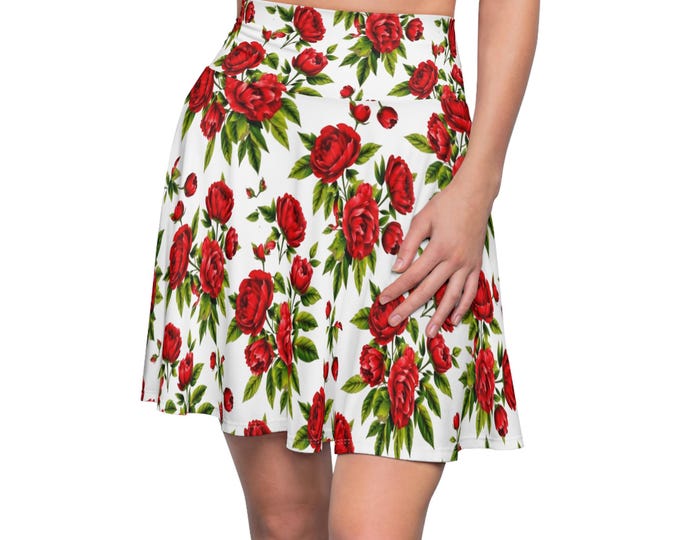 Red Peony Skater Skirt, Romantic Floral High Waisted Mini Skirt, Cottagecore Summer Outfit, Vintage-Inspired A Line Skirt for Women