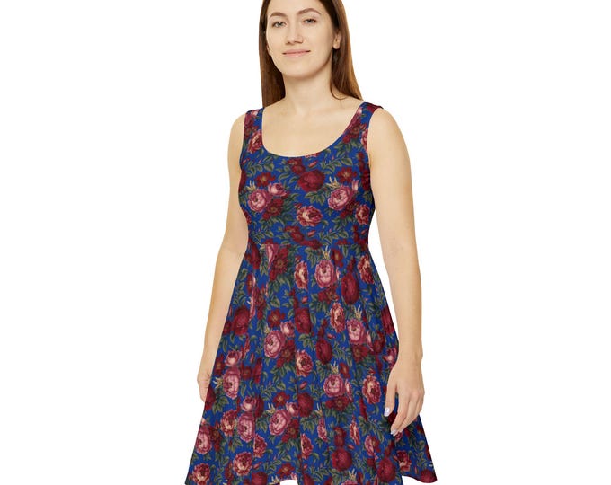 Red Floral Skater Dress, Vintage Rose Fit and Flare Dress, Dark Floral Sleeveless Dress, Romantic Garden Dress, Soft Gothic Fashion
