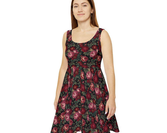 Floral Skater Dress, Red Rose Print Dress, Sleeveless A Line Dress, Gothic Cottagecore Dress, Dark Floral Summer Dress, Womens Casual Dress