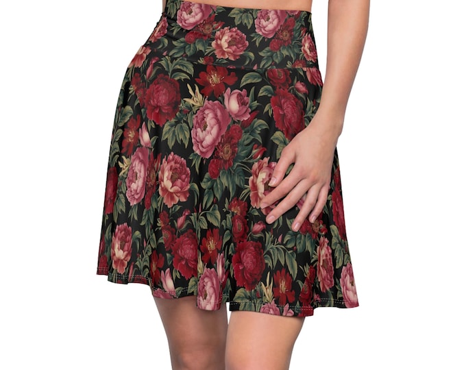 Dark Floral Skater Skirt | Black Mini Skirt with Red Roses  Vintage Gothic Aesthetic, Cottagecore High Waist Skirt