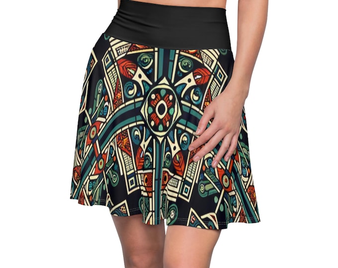 Boho Skater Skirt, Geometric Pattern Festival Mini Skirt, Art Deco Print, High-Waist Skirt Bold, Colorful Bohemian Clothing