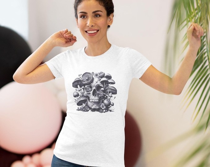 Mushroom Skull Shirt, Gothic Mushroom T Shirt, Womens Tri Blend Tee, Dark Nature Art Shirt, Soft Fitted Tee, Gift for Her
