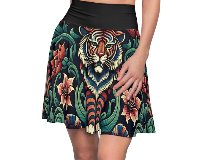 Tiger Floral Skater Skirt, Bold Jungle Tattoo Print High Waisted Skirt, Artistic Animal Aesthetic Clothing, Boho Festival Outfit for Women