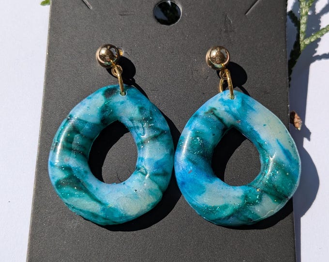 Handmade Ocean Blue Teardrop Dangle Earrings – Polymer Clay with Gold-Plated Hypoallergenic Posts