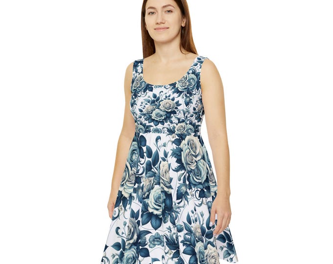 Vintage Rose Skater Dress, Blue Floral Fit and Flare Dress, Gothic Garden Dress, Floral Sleeveless Dress, Romantic Floral Clothing