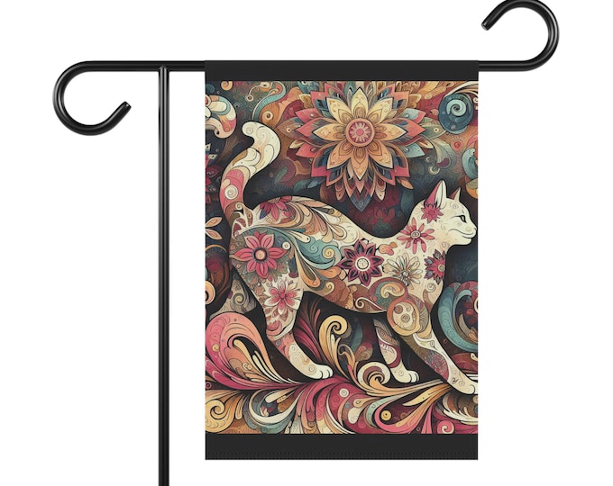 Bohemian Garden Banner, Colorful Floral Cat Flag, Outdoor Home Decor, Pet Lover Gift, Spring Garden Decoration, Unique Yard Sign
