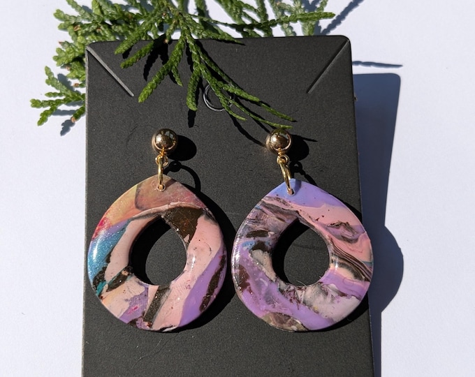 Handmade Marbled Polymer Clay Earrings – Purple, Teal & White with Gold Posts